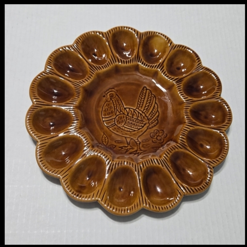 California Pottery Platter Deviled Egg Plate Golden Brown Made in USA Easter Egg